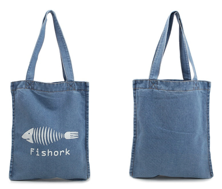 Light Blue Fishork Printed Denim Totes Shoulder Handbags