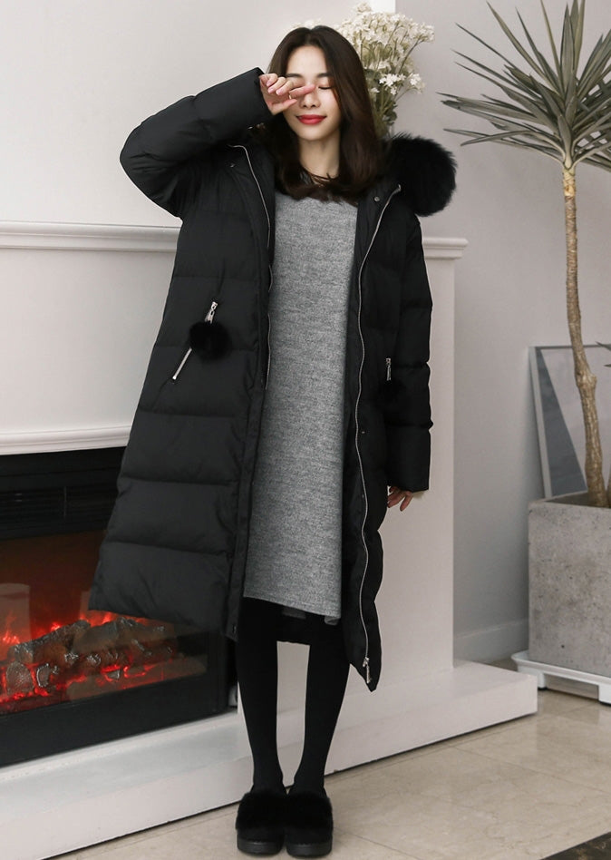 Black Hooded Fur Long Puffers Coats