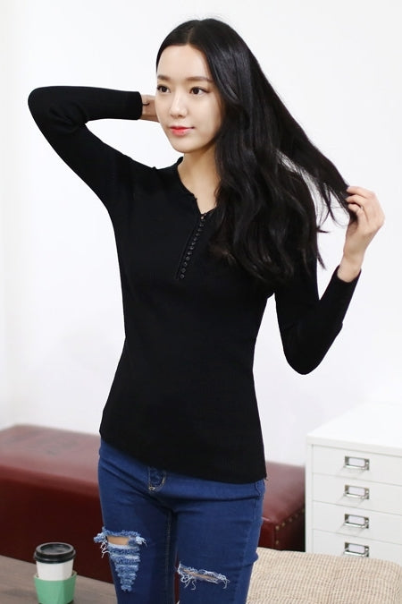 Black Henley Neck Ribbed Knitted Tops