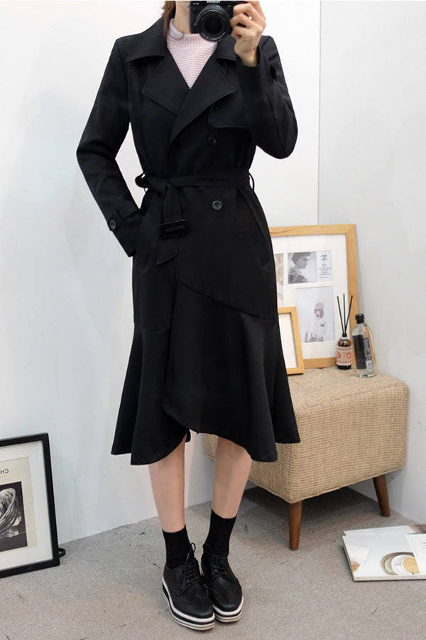 Black Ruffled Hem Long Trench Coats