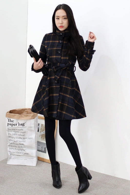 Navy Blue Plaids Belted Dress Coats