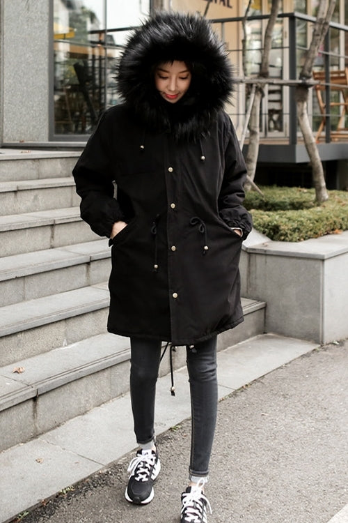 Black Hooded Fur Military Parka Coats