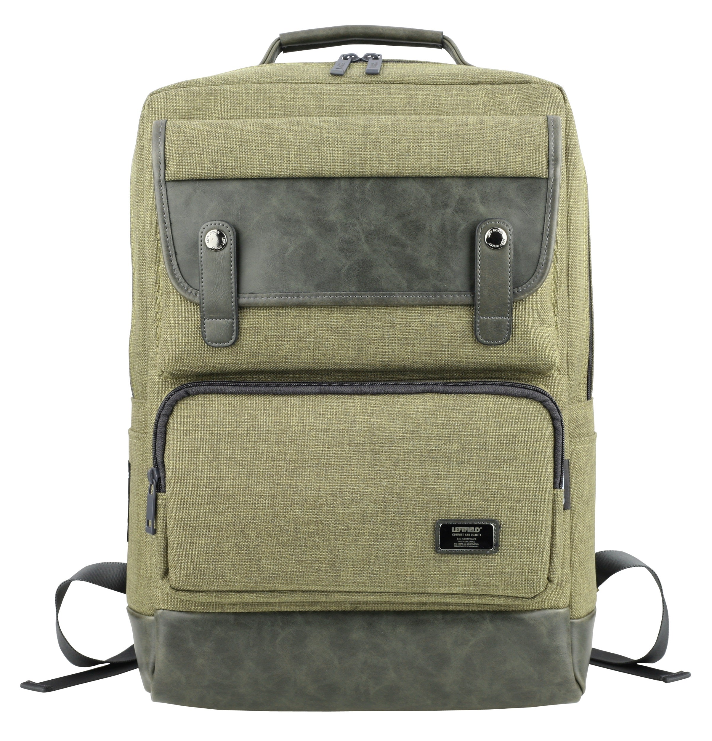 Khaki Green Canvas Faux Leather Paneled Casual Laptop Backpacks