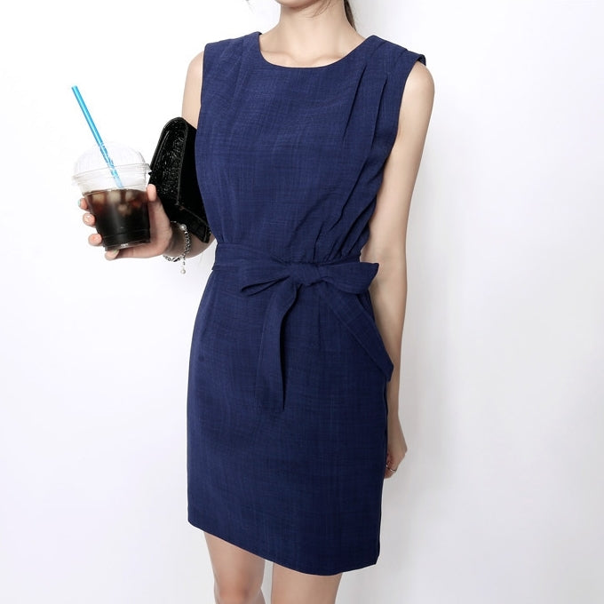 Navy Blue Classic Belted Sheath Dresses