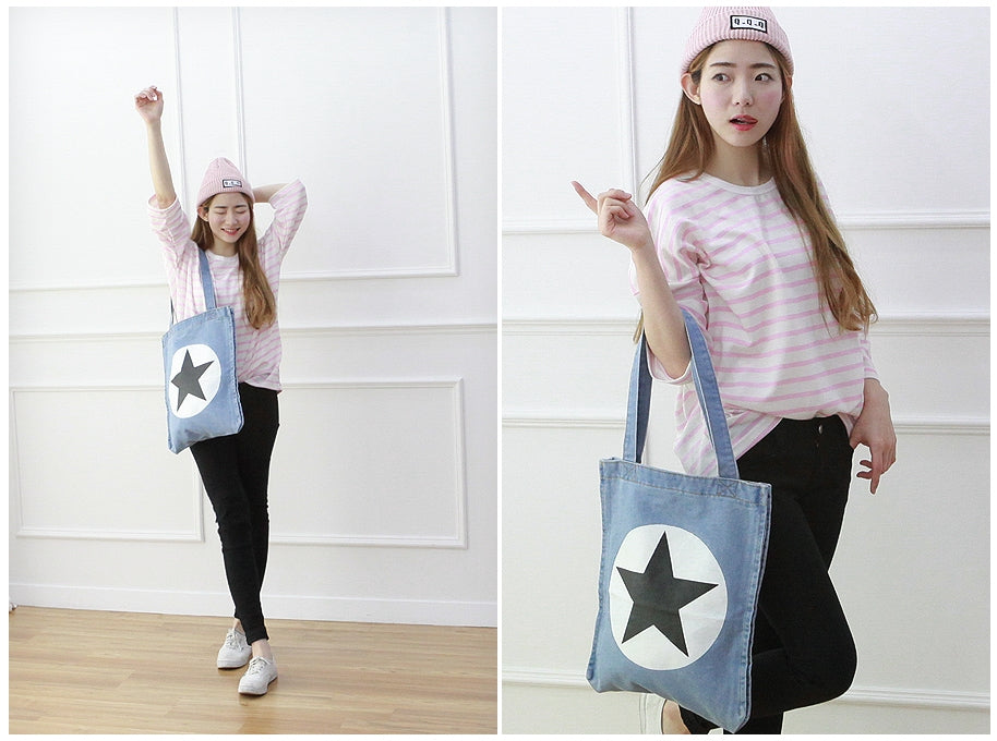 Light Blue Star Graphic Denim Jean Totes Shoulder Bags