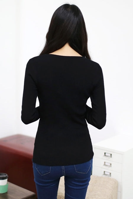 Black Henley Neck Ribbed Knitted Tops