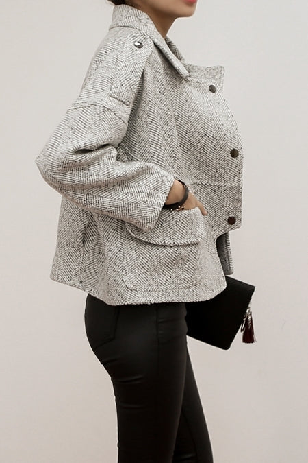 Gray Herringbone Designer Cropped Jackets Coats