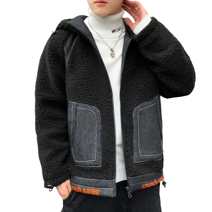 Black Denim Shearling Hybrid Hoodies Mens Streetwear Hooded Jackets
