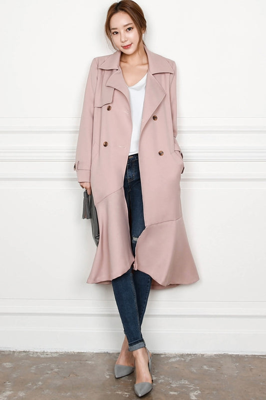 Pink Ruffled Hem Long Trench Coats