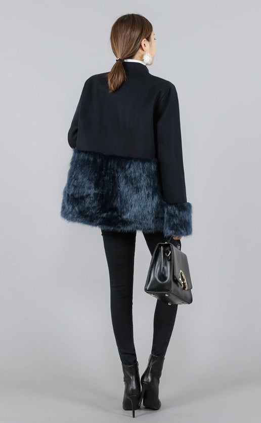 Navy Blue Luxury Faux Fur Wool Jackets