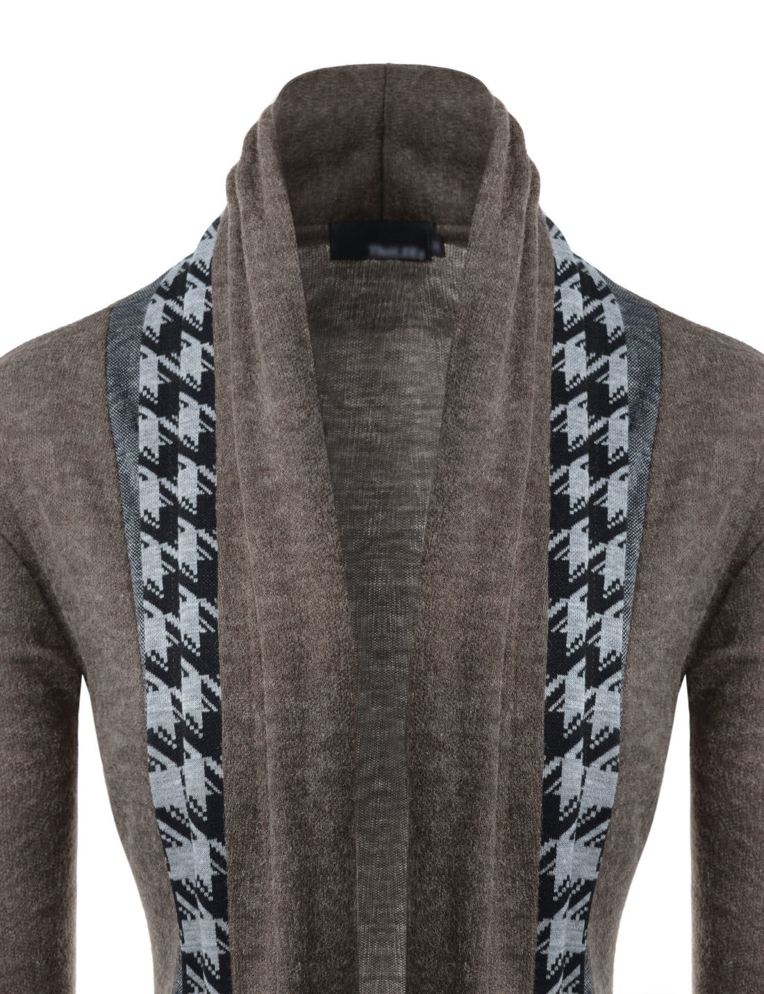 Brown Houndstooth Shawl Collar Knitted Open Cardigans