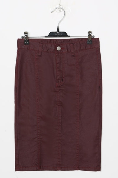 Burgundy Red Coated Washed Jean Pencil Midi Skirts