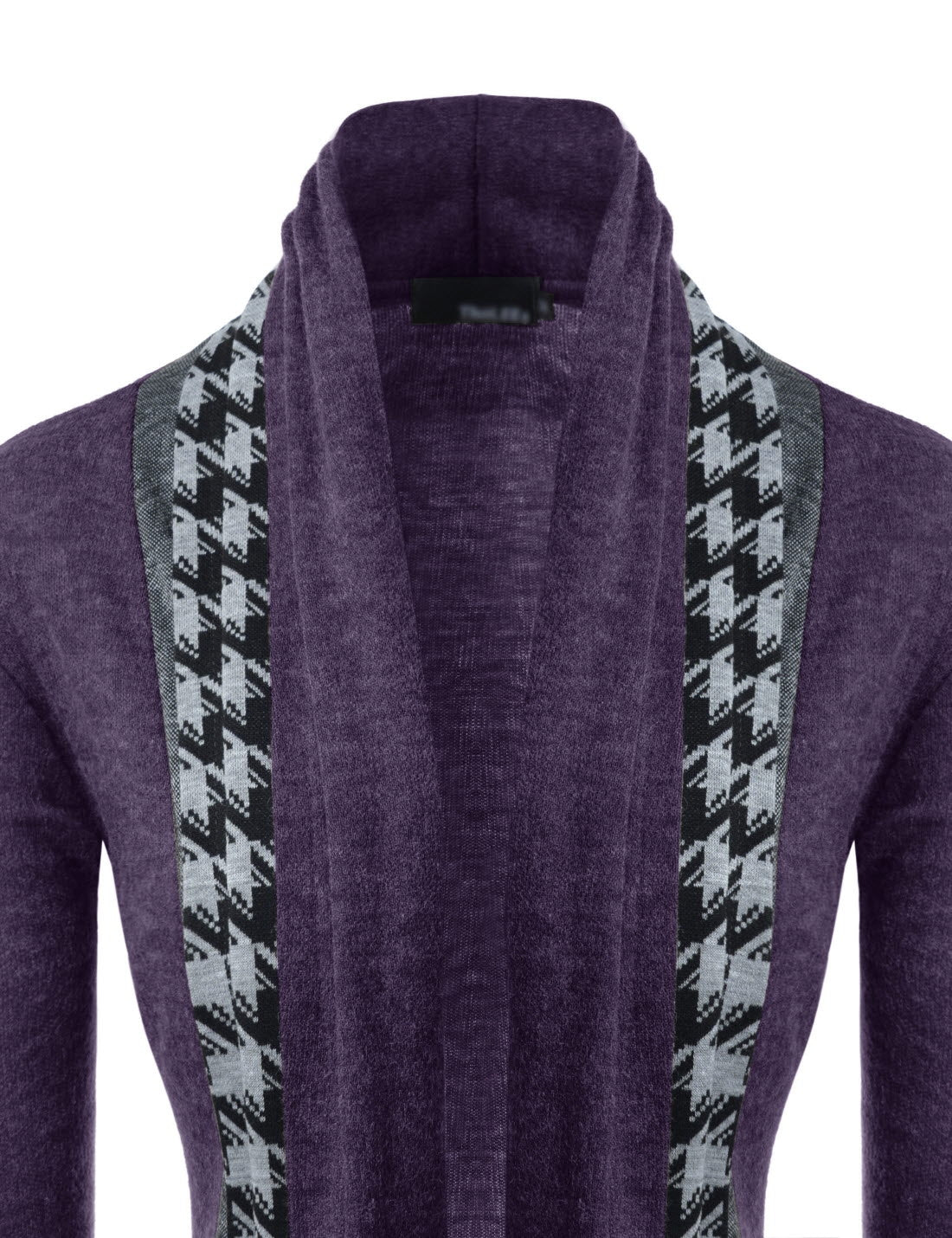 Purple Houndstooth Shawl Collar Knitted Open Cardigans