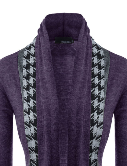 Purple Houndstooth Shawl Collar Knitted Open Cardigans