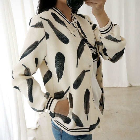 Ivory Feather Pattern Varsity-Striped Baseball Jackets