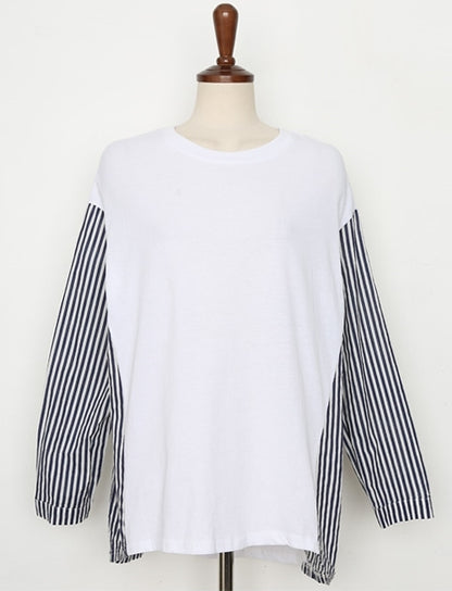 White Striped Long Sleeves Loose Fit Tops T-shirts