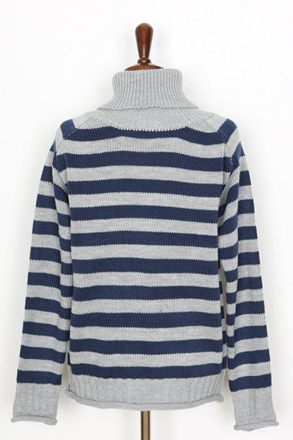 Navy Blue Striped Patterned Turtleneck Sweaters