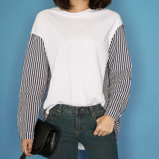 White Striped Long Sleeves Loose Fit Tops T-shirts