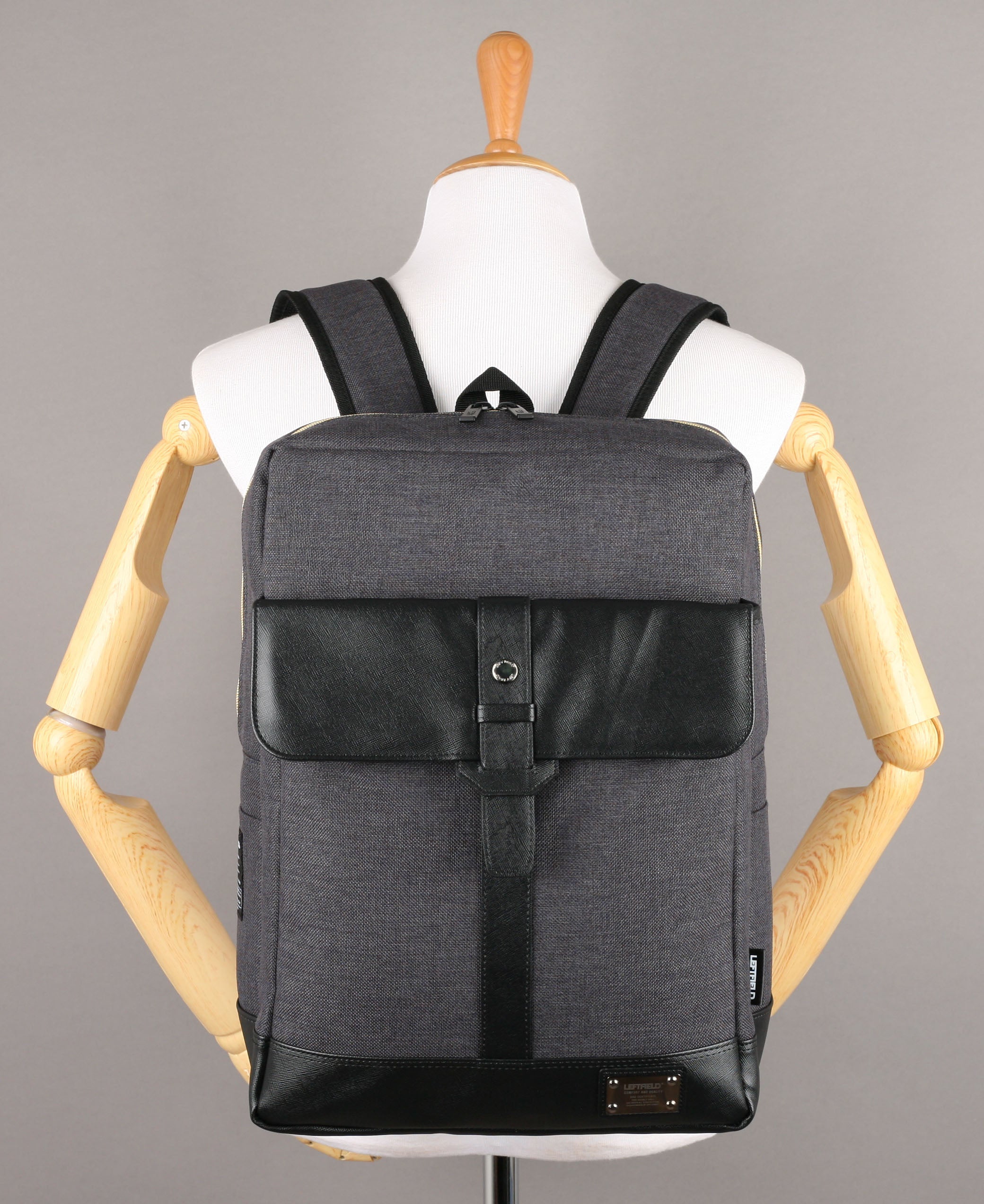 Black Faux Leather Paneled Canvas Satchel Backpacks