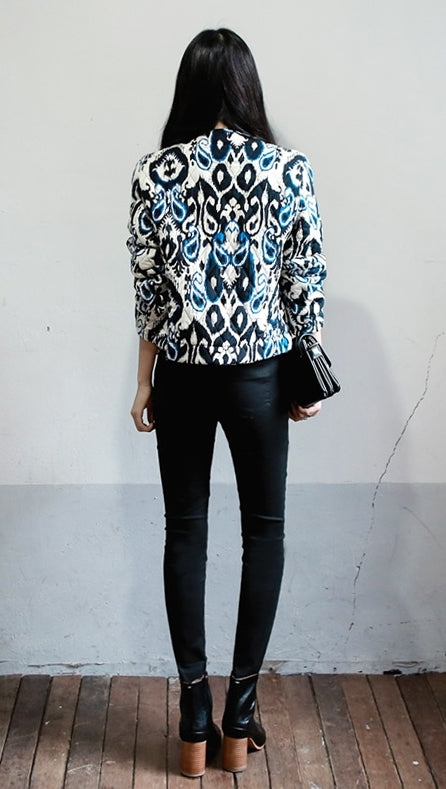 Blue Ethnic Quilted Bomber Jackets