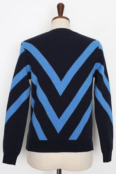 Navy Blue V-pattern Crewneck Knitted Tops Sweaters