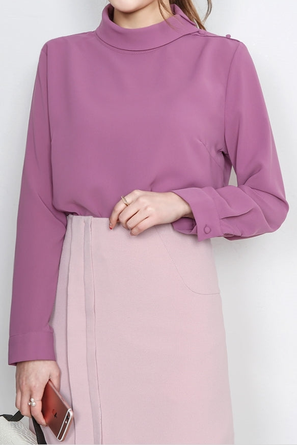 Purple Elegance Mockneck Long Sleeved Blouses