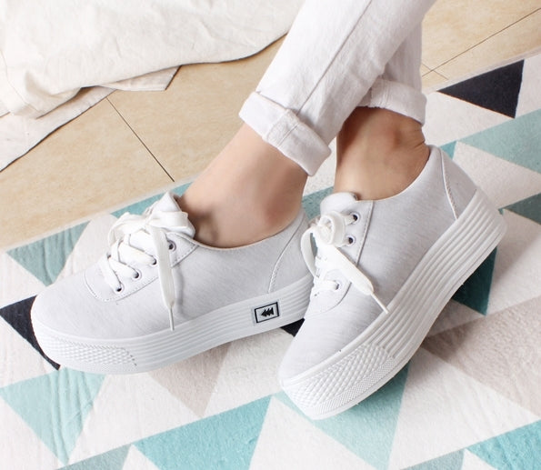 White Marled Lace-up Flatform Sneakers Shoes