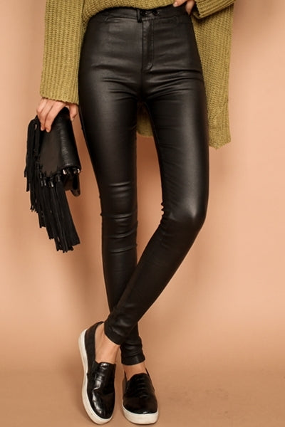 Black Coated Elastic High Waist Skinny Jeans
