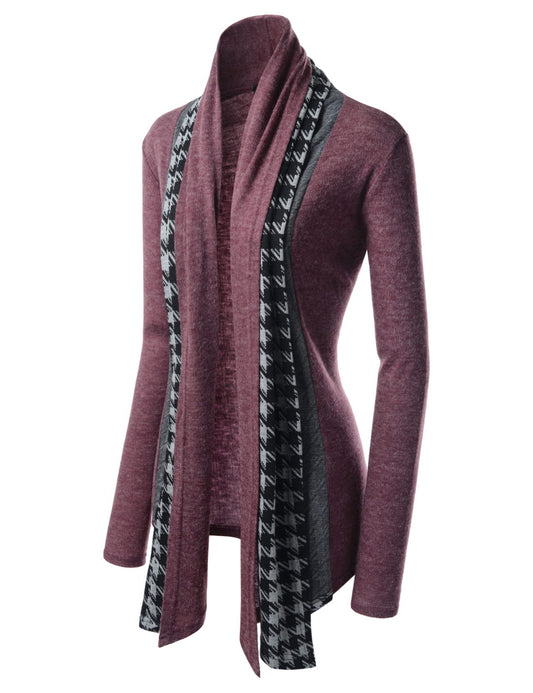 Burgundy Red Houndstooth Shawl Collar Knitted Open Cardigans