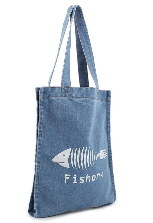 Light Blue Fishork Printed Denim Totes Shoulder Handbags
