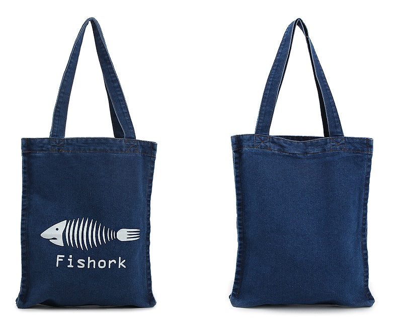 Blue Fishork Printed Denim Totes Shoulder Handbags