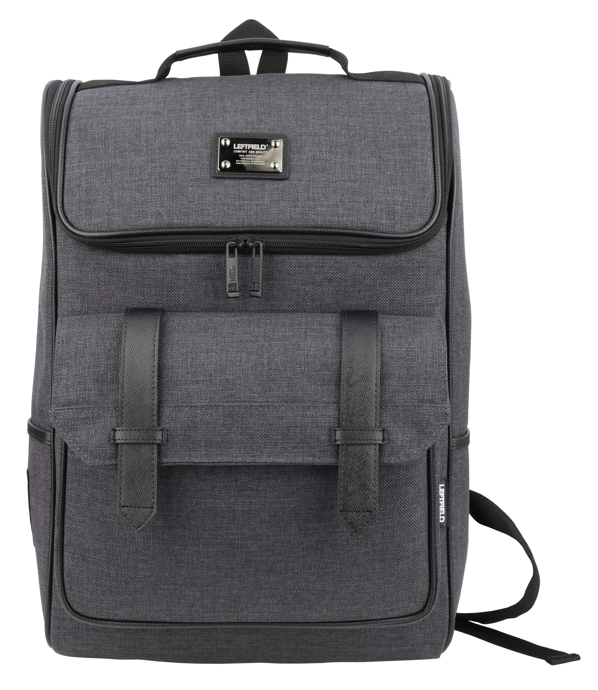 Black Faux Leather Paneled Canvas Satchel Backpacks