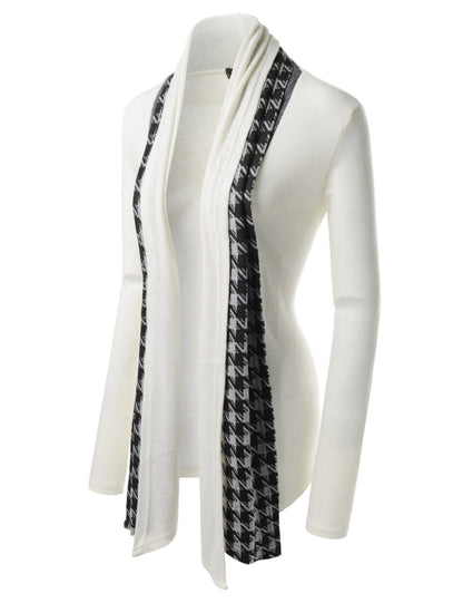 White Houndstooth Shawl Collar Knitted Open Cardigans