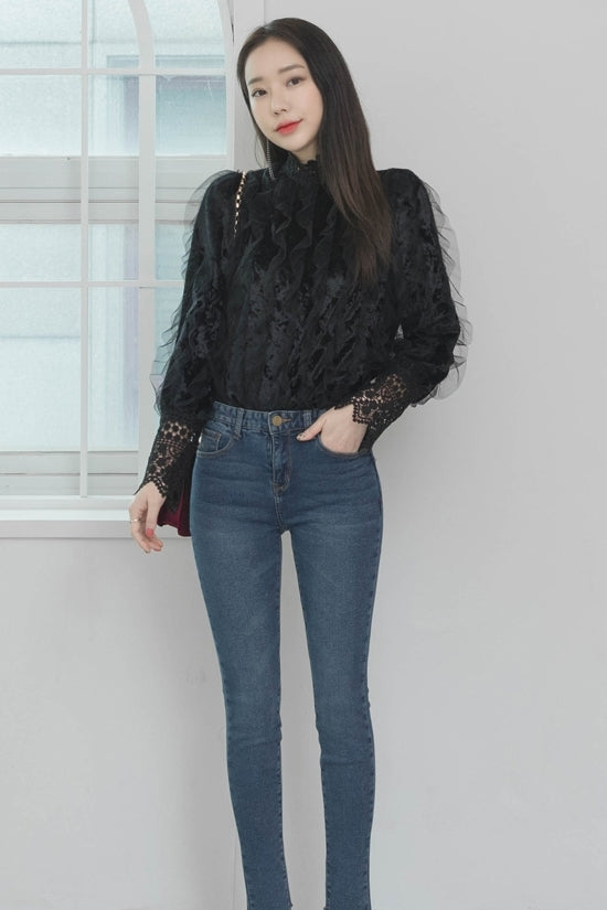 Black Lace Velvet Combi Blouses