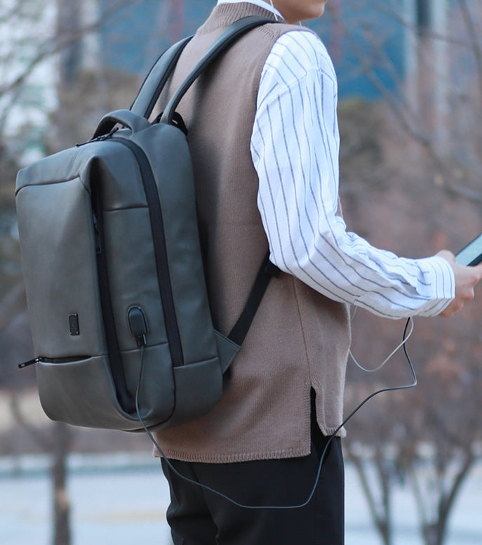 Grey USB PORT Rechargeable Faux Leather Backpacks