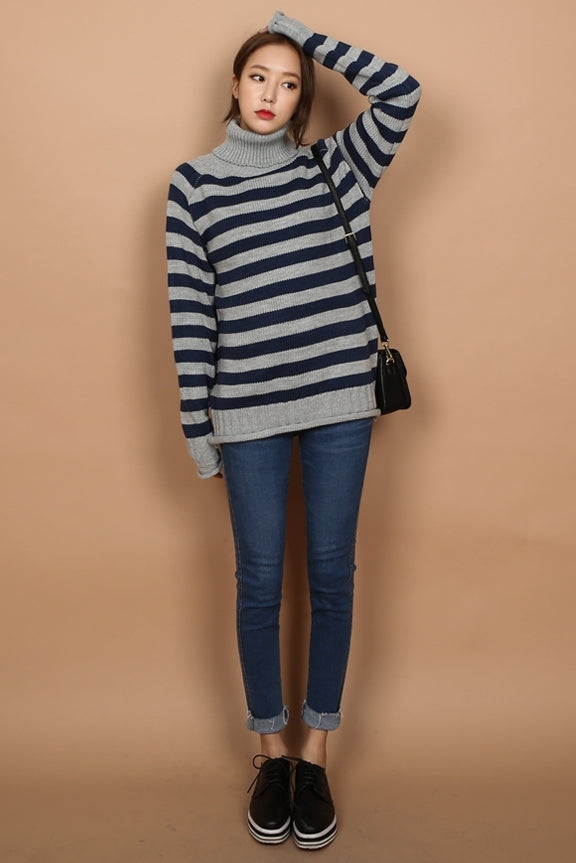 Navy Blue Striped Patterned Turtleneck Sweaters