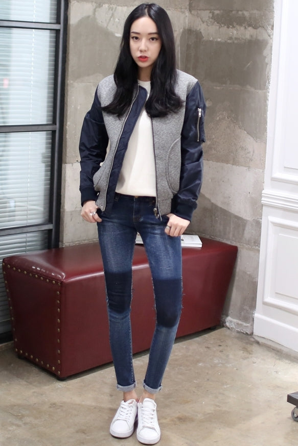 Gray Blue Hybrid Boyfriend Baseball Bomber Jackets