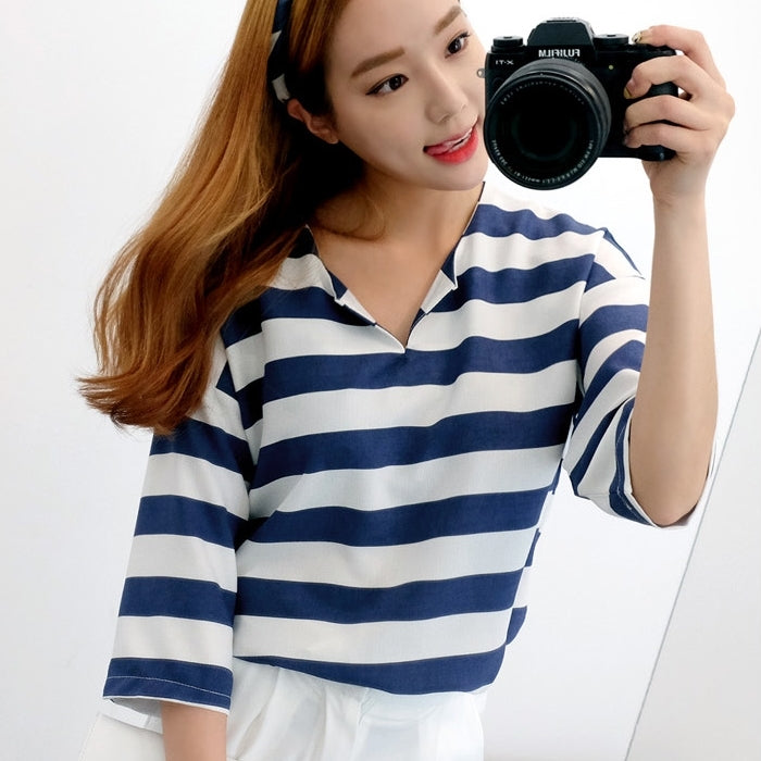 Marine Stripes Split Neck Blouses Tops