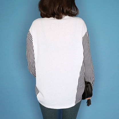 White Striped Long Sleeves Loose Fit Tops T-shirts