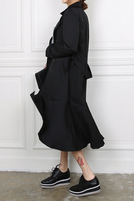 Black Ruffled Hem Long Trench Coats