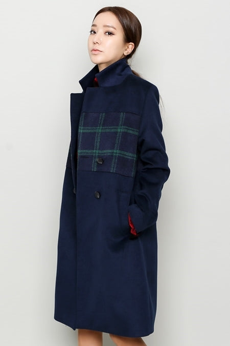 Navy Blue Tartan Plaids Panel Double Breasted Coats