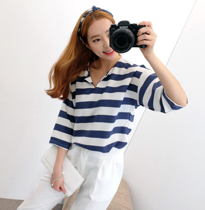 Marine Stripes Split Neck Blouses Tops