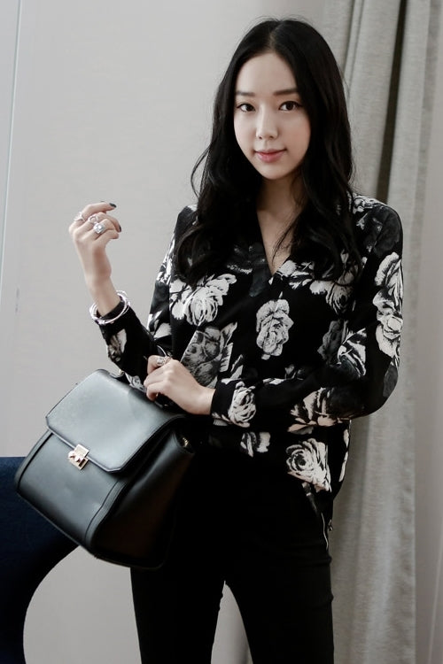 Black Floral V-neck Sheer Long Sleeved Blouses