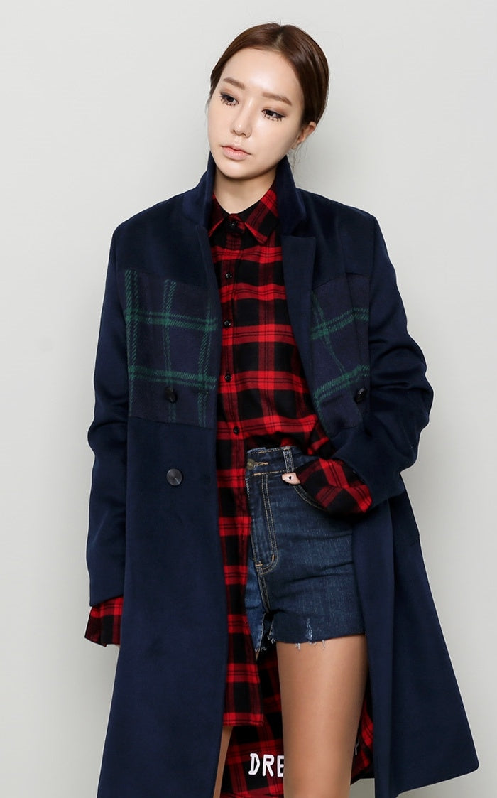 Navy Blue Tartan Plaids Panel Double Breasted Coats