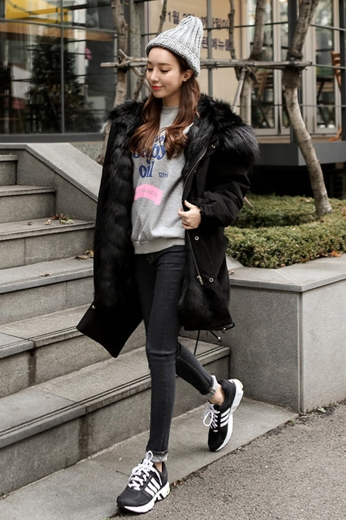 Black Hooded Fur Military Parka Coats