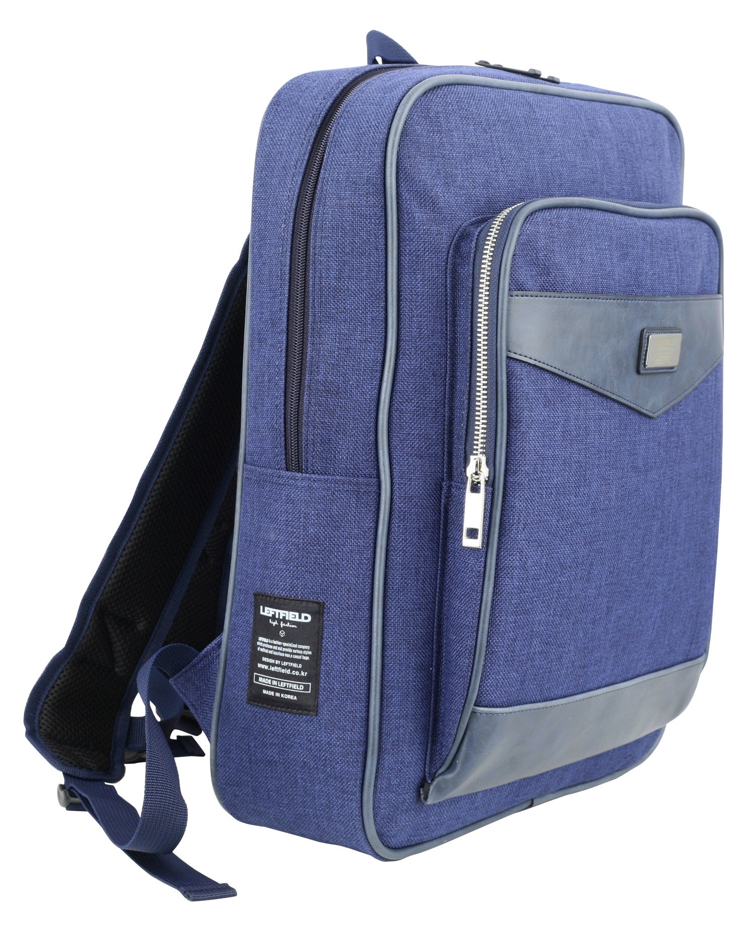 Navy Blue Canvas Faux Leather Paneled School Backpacks