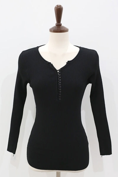 Black Henley Neck Ribbed Knitted Tops