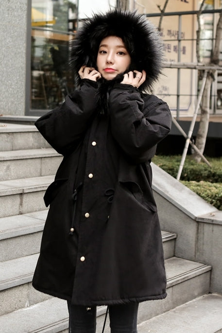 Black Hooded Fur Military Parka Coats