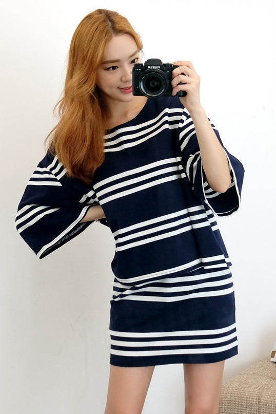 Navy Blue Striped Pattern Two Piece Dresses