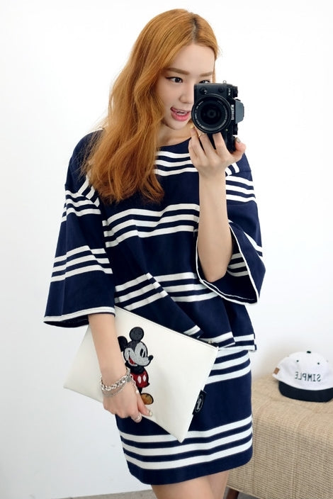 Navy Blue Striped Pattern Two Piece Dresses